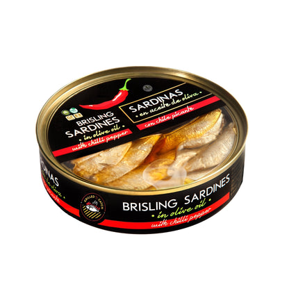 Grilled Catch Wild Caught Brisling Sardines in Olive Oil with Chilli Pepper 5.6-Ounce Can