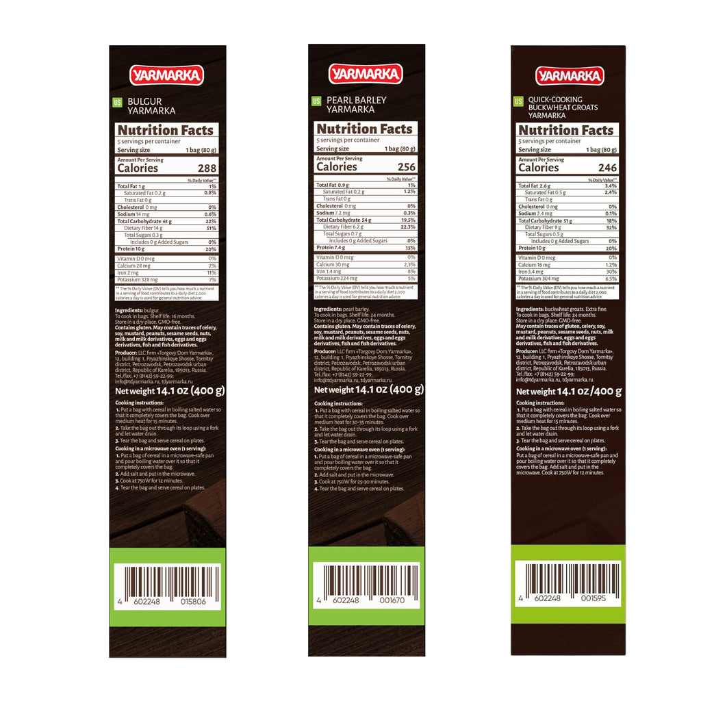 Yarmarka Boil in Bag Grains Bundle Buckwheat, Bulgur, Pearl Barley - 5 * 80g bags each