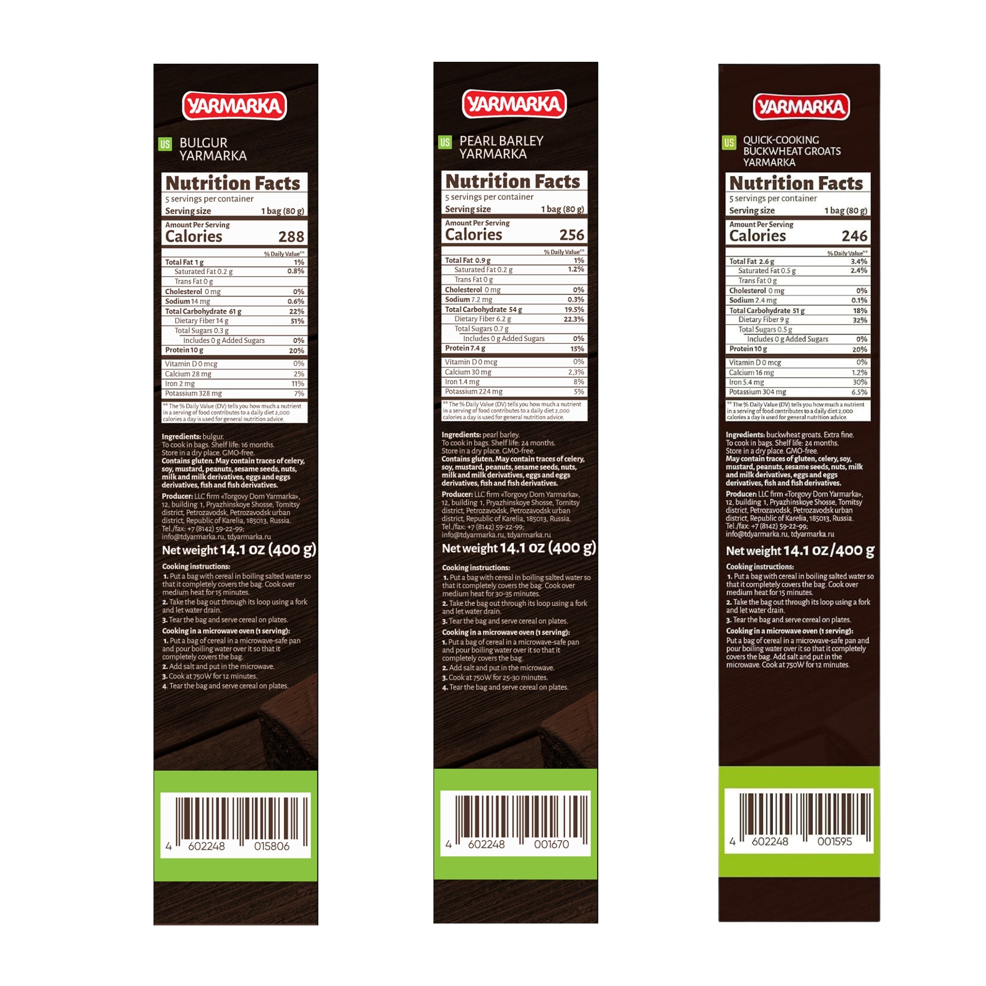 Yarmarka Boil in Bag Grains Bundle Buckwheat, Bulgur, Pearl Barley - 5 * 80g bags each